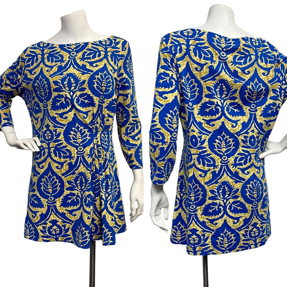 J McLaughlin Women's Large Blue Gold Tunic Dress Floral Boat Neck Stretch Boho